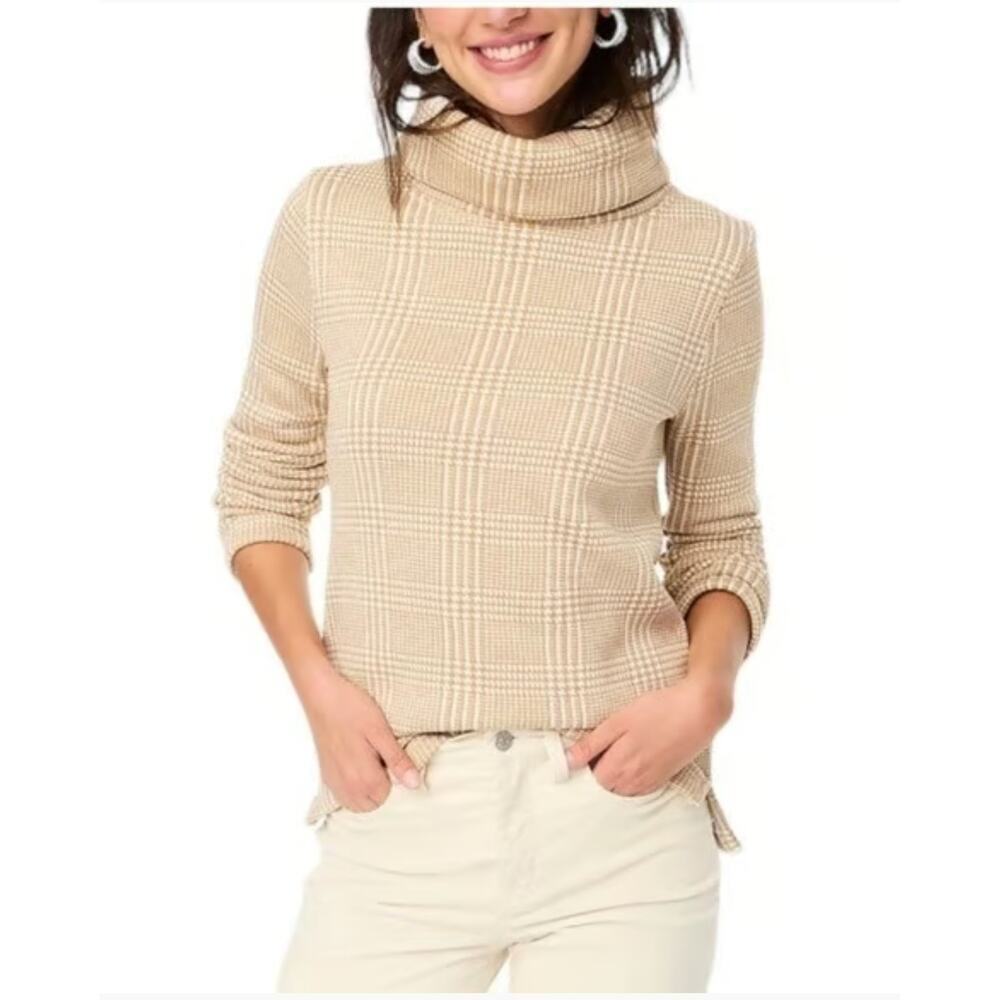 J. Crew Houndstooth Tan Cream Plaid Fleece Funnelneck Pullover Sweater Tan Small